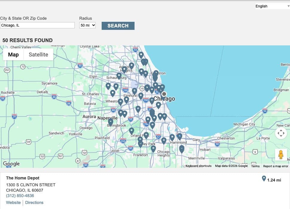 Bullseye's locator on Sika USA's where-to-buy page, searched for Chicago, IL with a 50 mile radius: 50 retailers on a map of the Chicago area, with the nearest one's address, phone and links below.