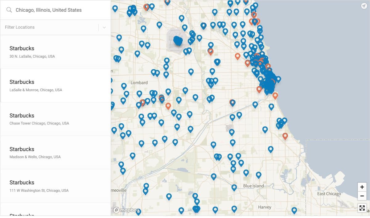 Closeby's demo locator searched for Chicago, IL: a list of sample Starbucks locations and a location filter, beside a dense map of the Chicago area.