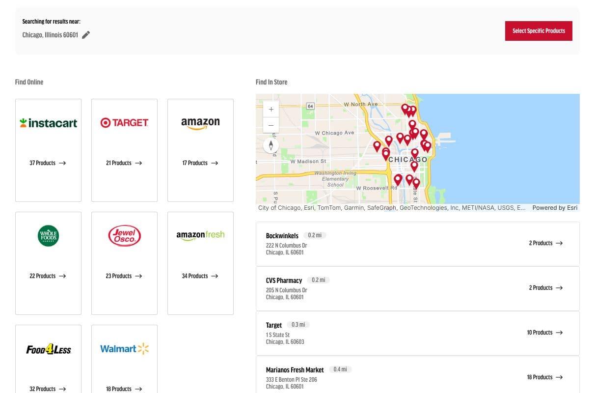 Destini's locator on Dave's Killer Bread's site, searched for 60601: online retailers with a product count for each, and nearby stores listed with how many products each carries, beside a map of downtown Chicago.