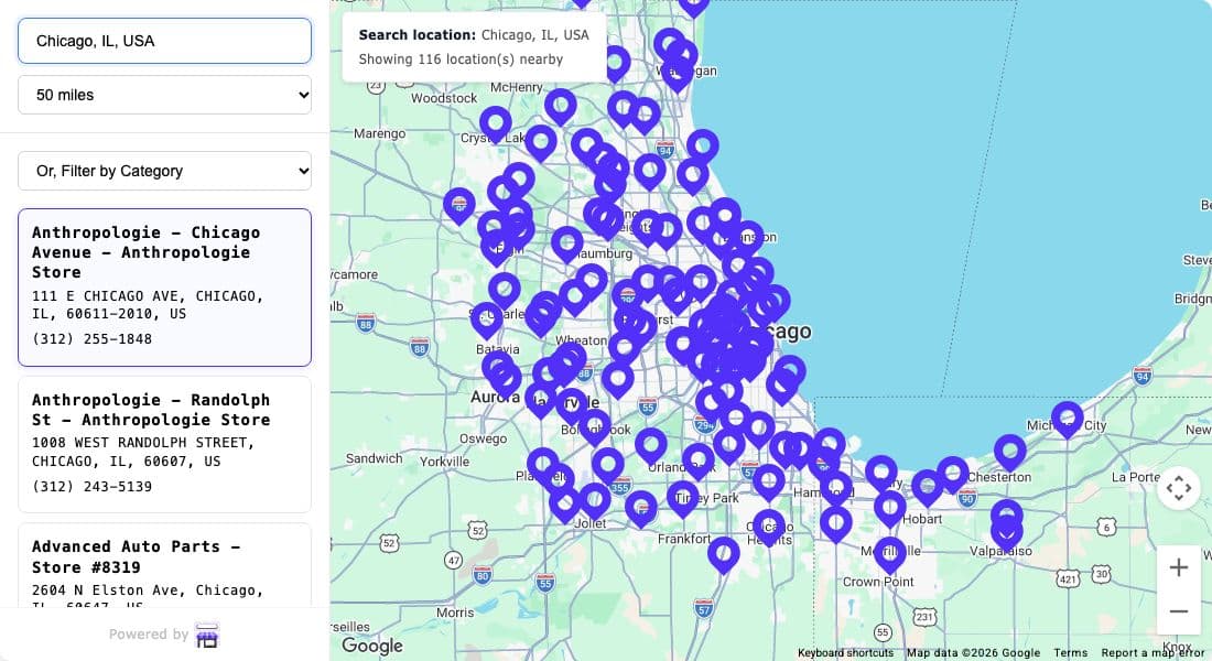 Dynamic Store Locator's demo searched for Chicago, IL: 116 sample locations within 50 miles, a category filter, and a store list beside a map of the Chicago area.