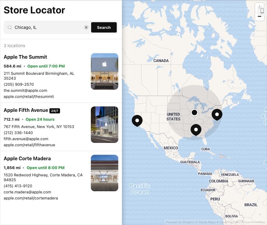 Elfsight's demo store locator searched for Chicago, IL: three sample Apple stores with distance, hours, contact details and photos, beside a map with the search radius drawn around Chicago.