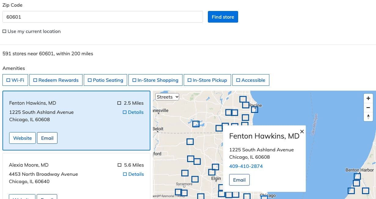 MetaLocator's demo searched for 60601: 591 sample locations within 200 miles, amenity filter buttons, and a list of nearby offices beside a map with one location's details open.