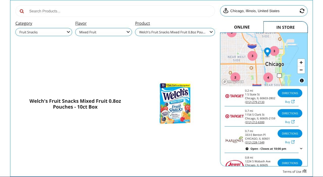 MikMak's where-to-buy widget on the Welch's Fruit Snacks site, searched for Chicago: category, flavor and product filters, and an in-store tab listing nearby retailers with directions and buy links beside a small map.