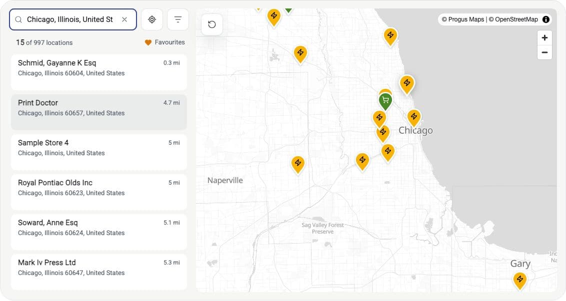 Progus's demo store locator searched for Chicago: tag filters and a list of sample locations with distance, beside a clustered map of the Chicago area.