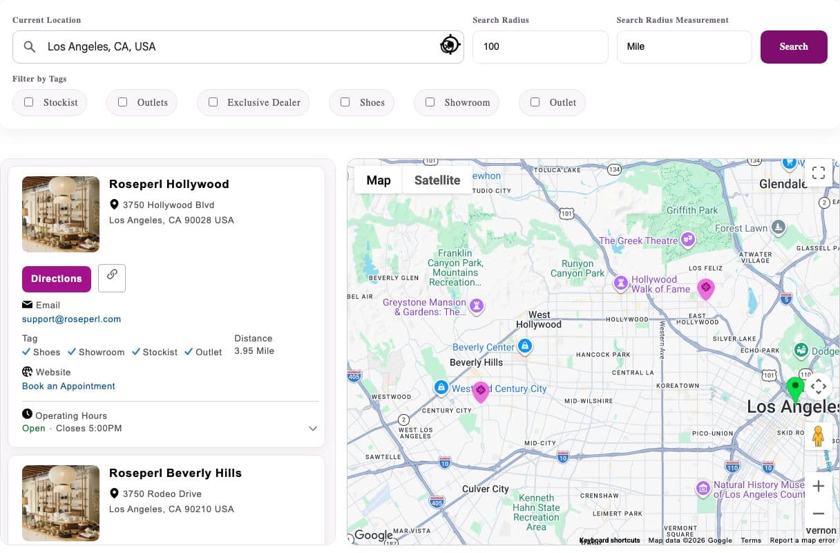 RP ProMap's demo locator searched for Los Angeles, since the demo holds no Chicago stores: tag filters, a radius setting, and sample showroom cards with directions, tags, distance and hours, beside a map.