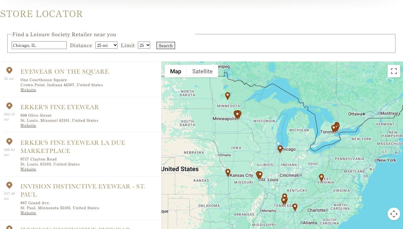SC Store Locator on Leisure Society's store locator page, searched for Chicago, IL: distance and result-limit selectors, and a list of eyewear retailers with distance and website links, beside a map of the Midwest.