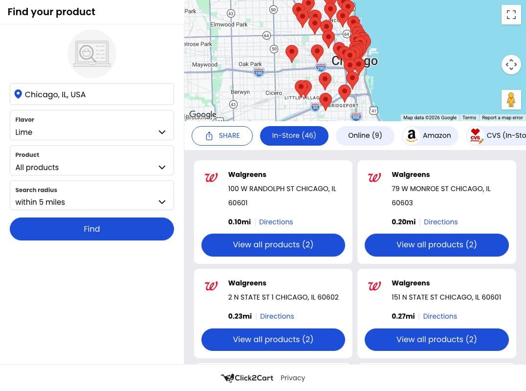 SmartCommerce's Click2Cart locator demo searched for Chicago, IL: flavor, product and radius filters, in-store and online tabs, and nearby pharmacies with their product counts, beside a map.
