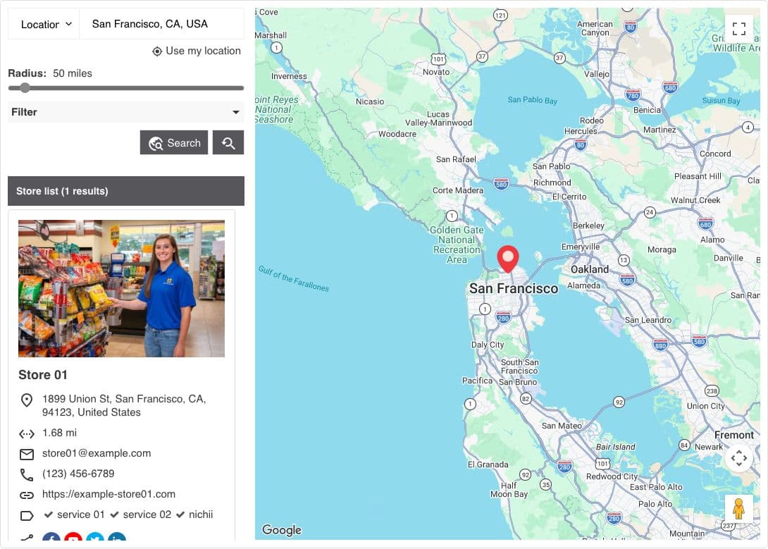 Storeify's demo locator searched for San Francisco, CA, since the demo holds no Chicago stores: a radius slider, filters, and one sample store card with photo, address, distance, contact links and tags, beside a map of the Bay Area.