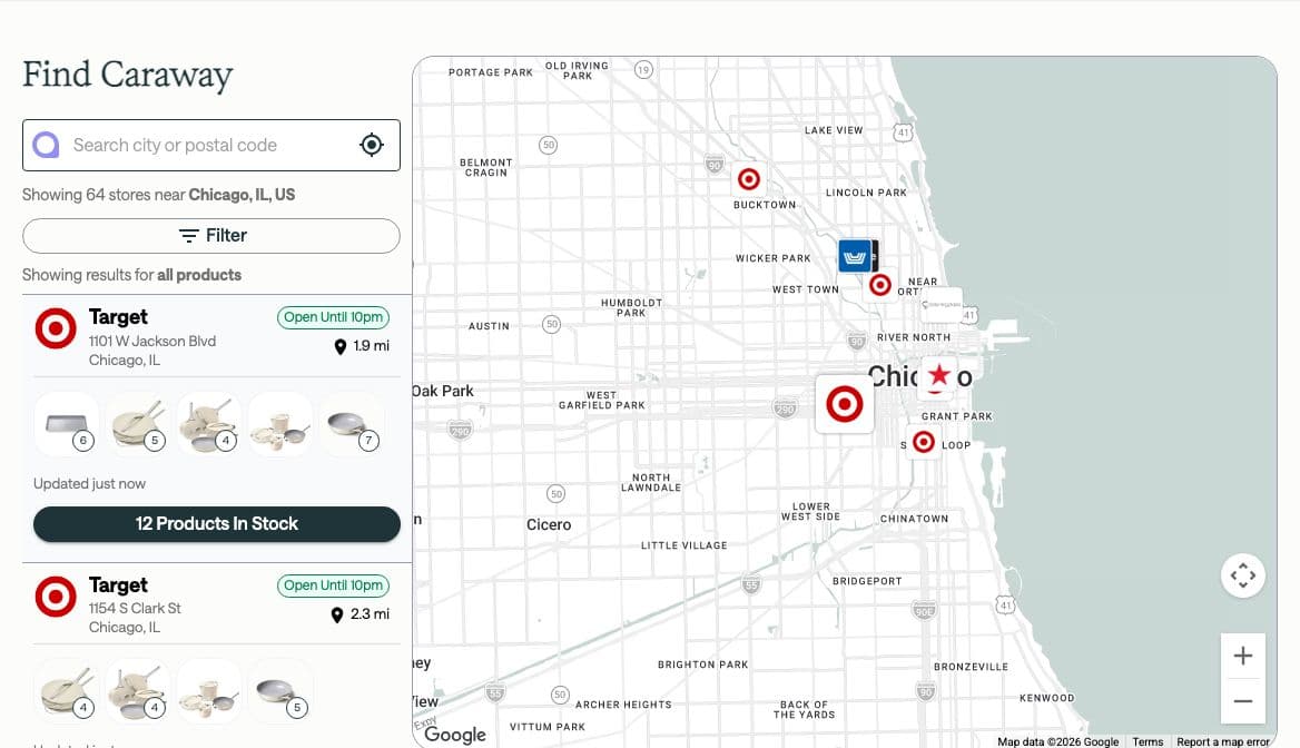 StoreLocators on Caraway's store finder, searched for Chicago, IL: 64 stores, each Target listing showing which Caraway products are in stock there and when that was last checked, beside a map of Chicago.