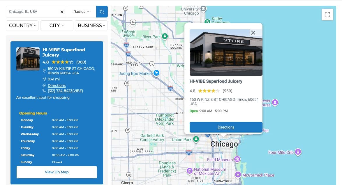 Storemapper's business demo searched for Chicago, IL: country, city and business filters, and a sample store card with rating, address, distance, phone and opening hours, beside a map of Chicago.