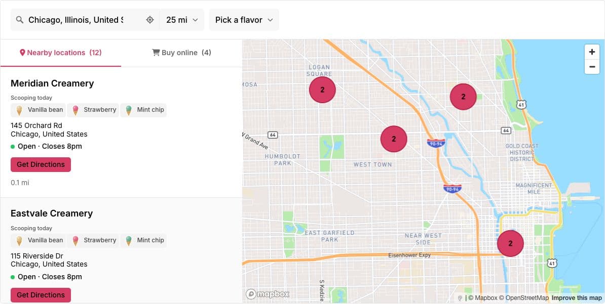 Storepoint's demo locator searched for Chicago, IL: a sample creamery's nearby locations with today's flavors, opening status and directions, a buy-online tab, and a clustered map of Chicago.