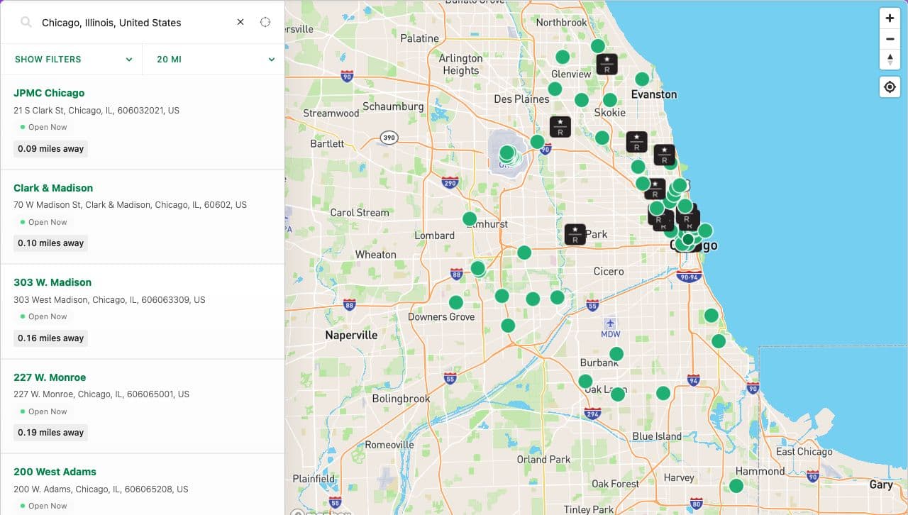 StoreRocket's demo locator searched for Chicago, IL: nearby sample coffee shops with address, open status and distance, beside a map of the Chicago area.