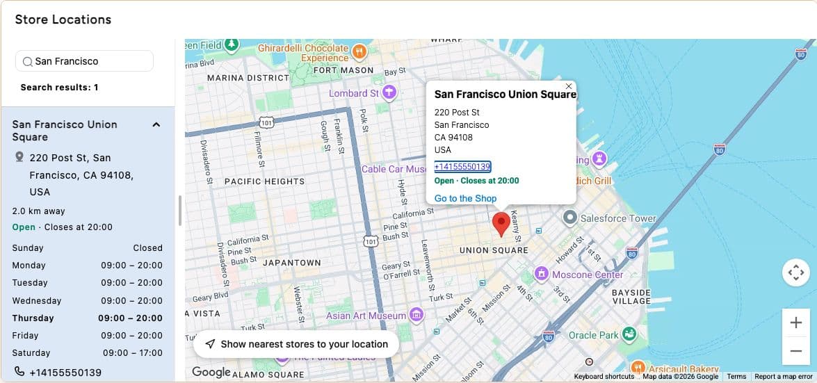 Way Store Locator's demo searched for San Francisco, since the demo holds no Chicago stores: one result with address, opening hours and a full week of times, beside a map of downtown San Francisco with that store's details open.