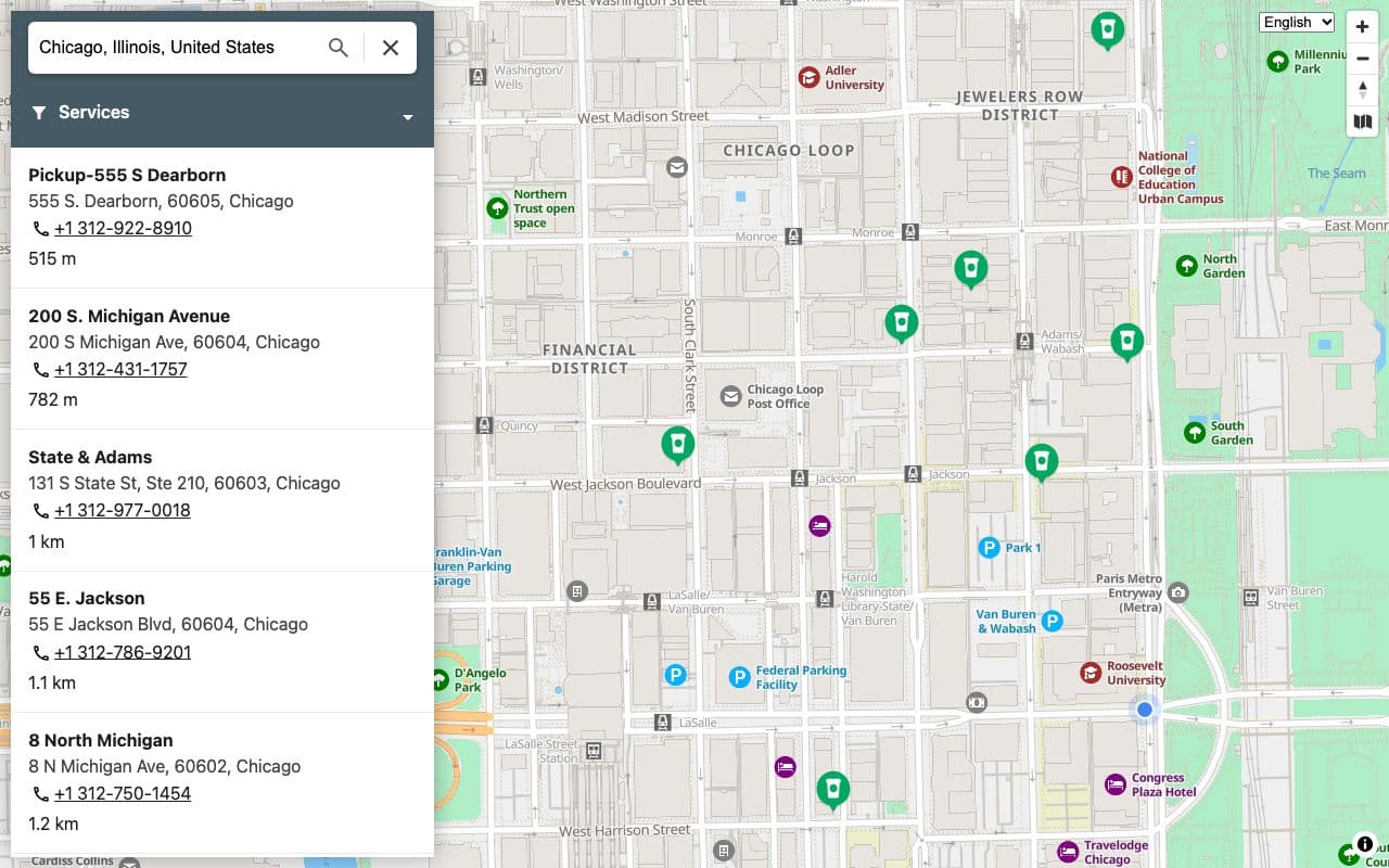 Woosmap's demo store locator searched for Chicago: nearby sample cafés with address, phone and distance, and a services filter, beside a street-level map of the Chicago Loop.