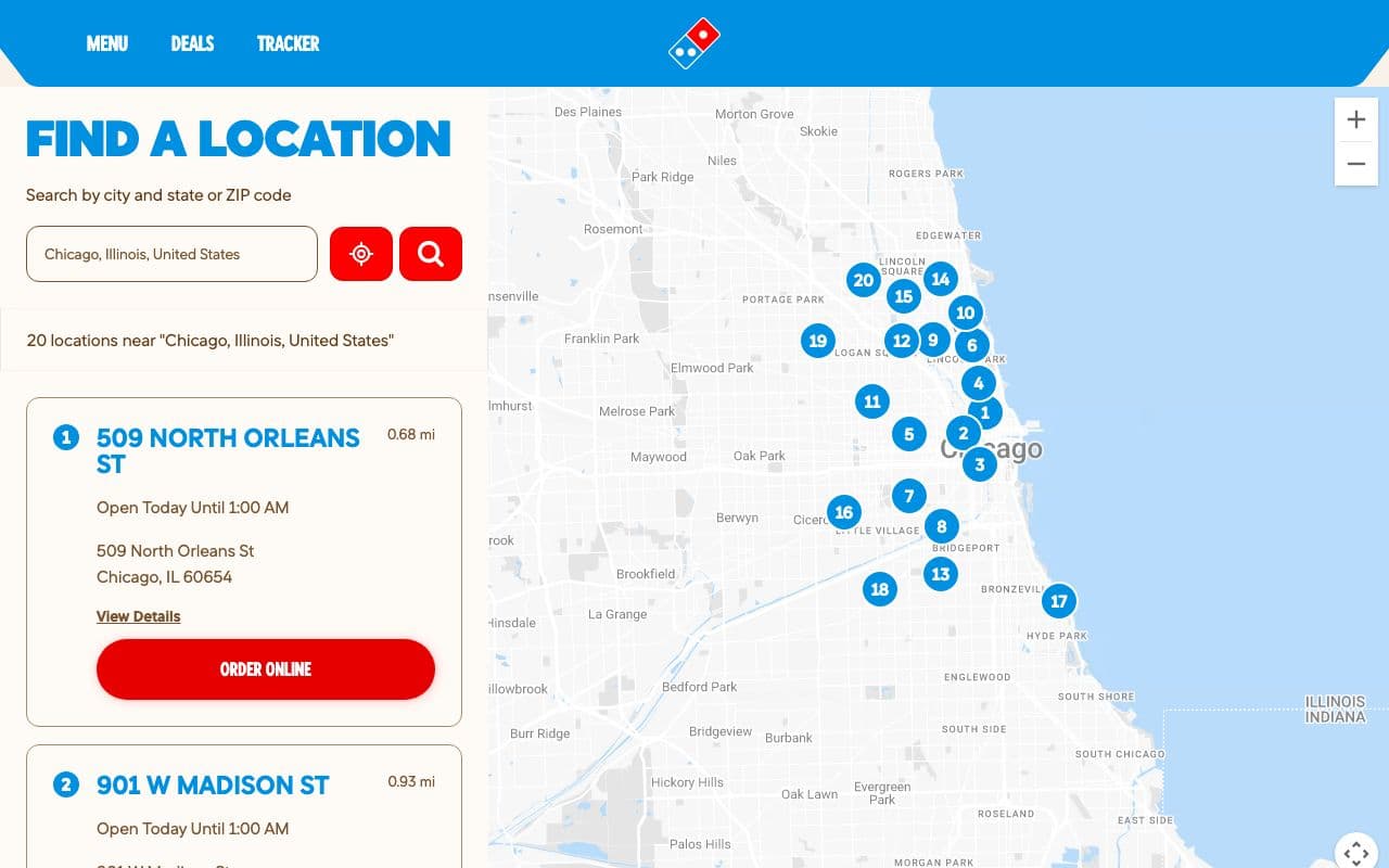 The Yext-powered locator on Domino's site, searched for Chicago: 20 nearby locations listed with opening hours and an order button, beside a numbered map of Chicago.