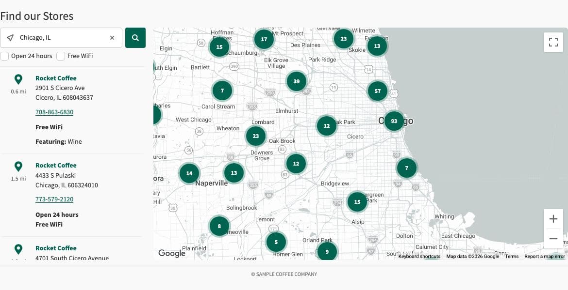 Stockist's demo locator searched for Chicago, IL: a sample coffee brand's stores with distance, address, phone and amenity filters, beside a clustered map of the Chicago area.