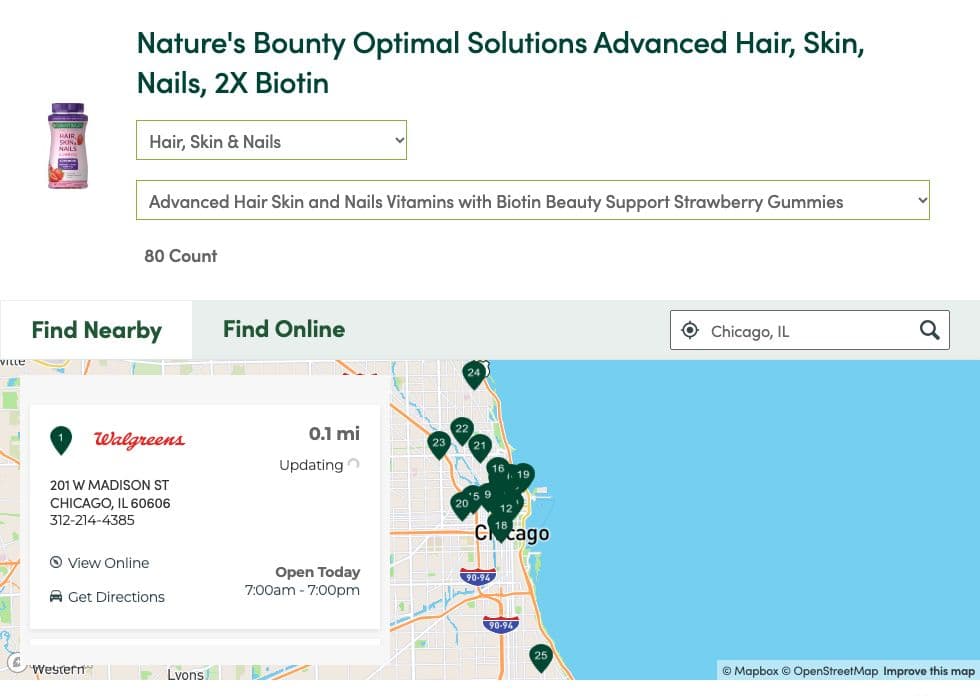 Wayvia's where-to-buy widget on Nature's Bounty's site, searched for Chicago, IL: a product picker above a list of nearby stores with distance, stock status and opening hours, beside a map of Chicago.
